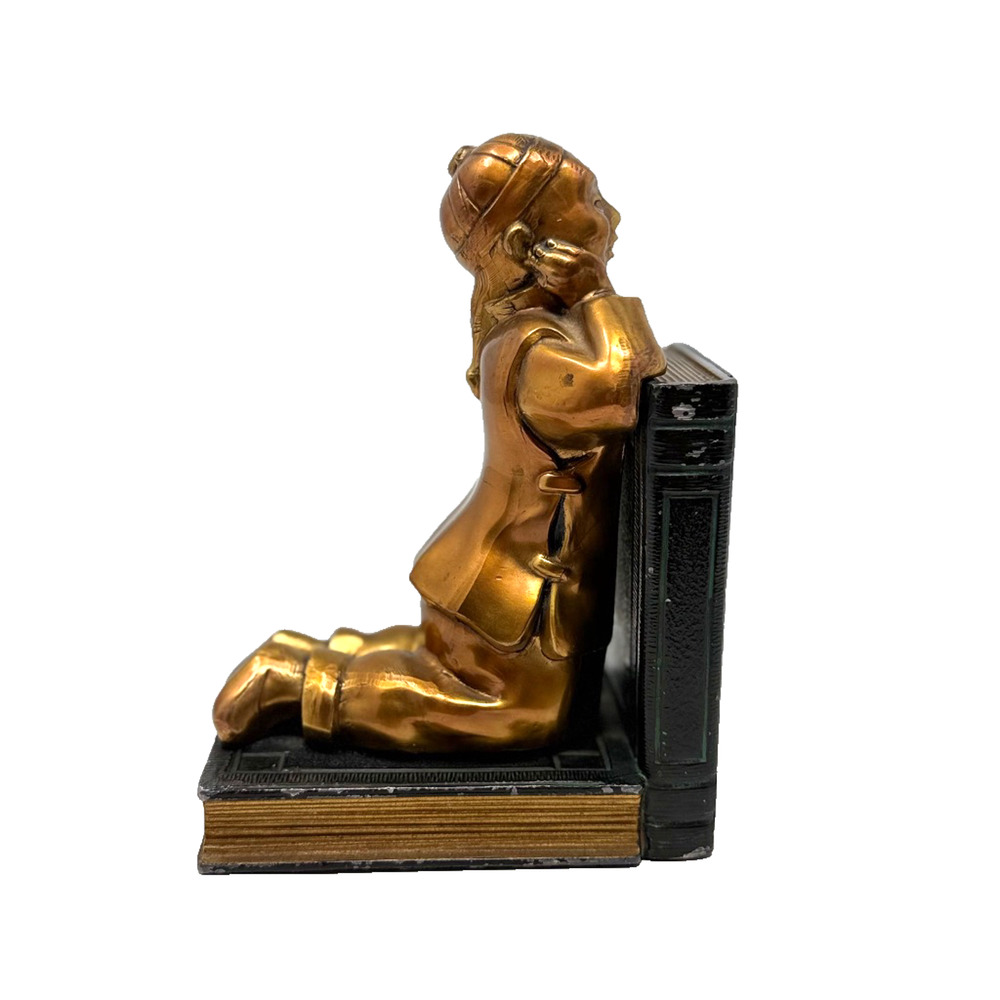 Art Deco 1930s Figural Bookend Kneeling Asian Child Woman on Book Patina